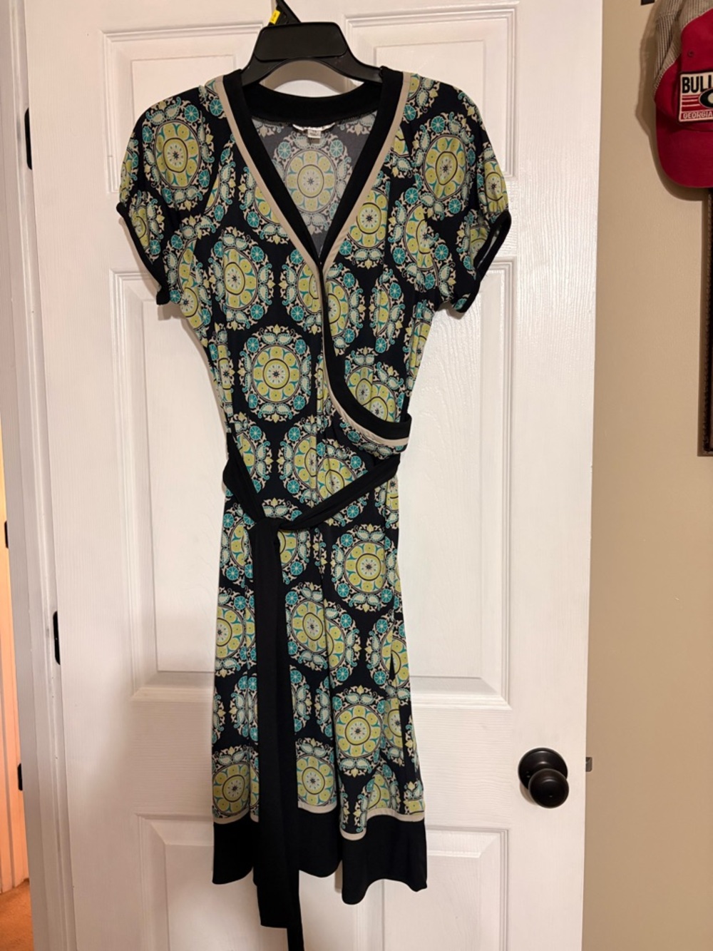 Sandra Darren Black Floral Medallion Wrap Midi Dress